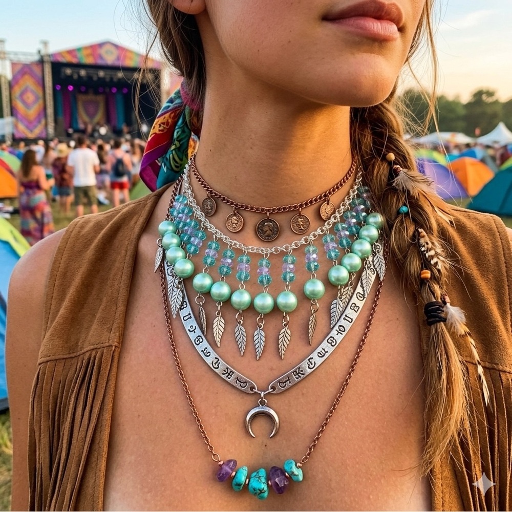 Boho Feather Silver and Green Beaded Choker Necklace - Picture 1 of 5